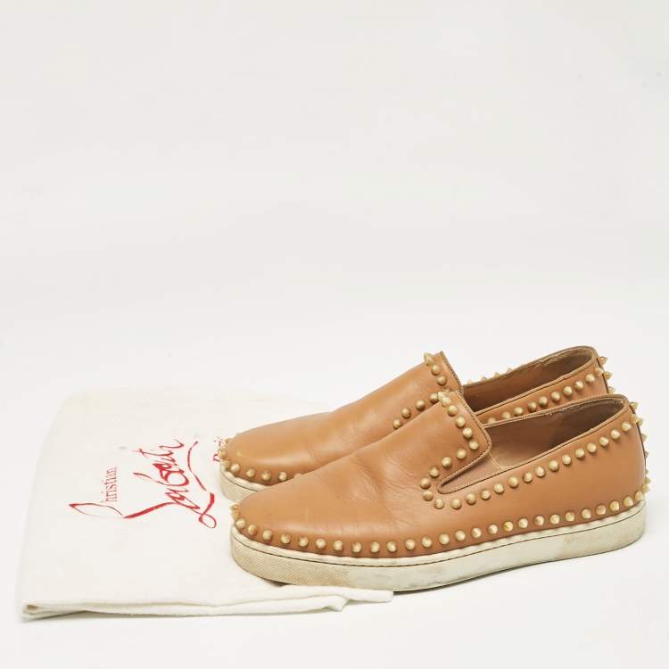 Pre Owned Christian Louboutin Brown Leather Pik Boat Slip On Sneakers Size 42