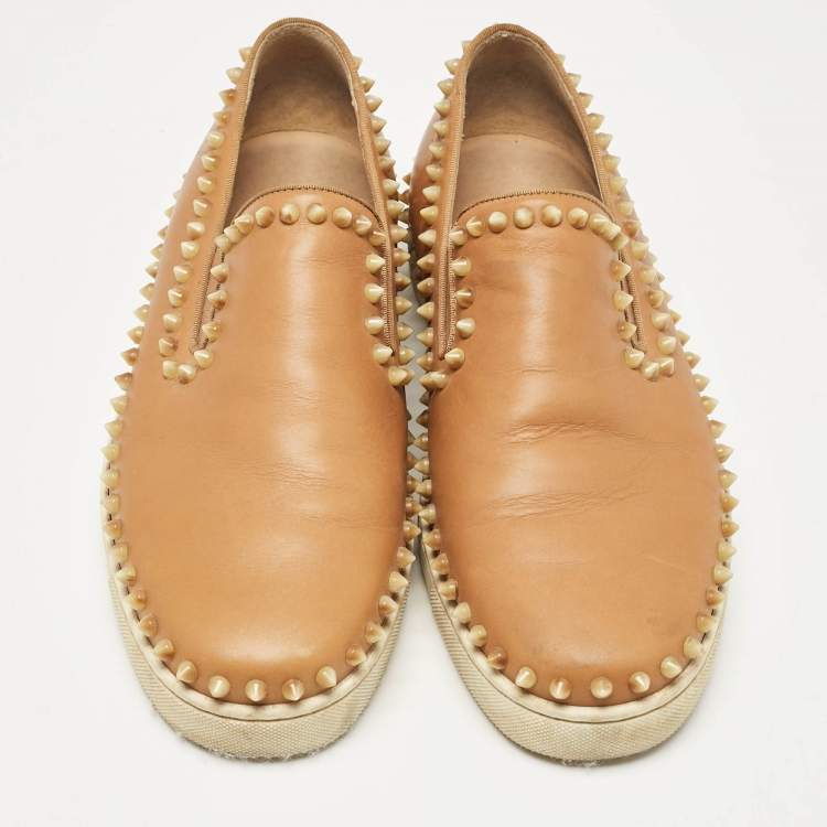 Pre Owned Christian Louboutin Brown Leather Pik Boat Slip On Sneakers Size 42