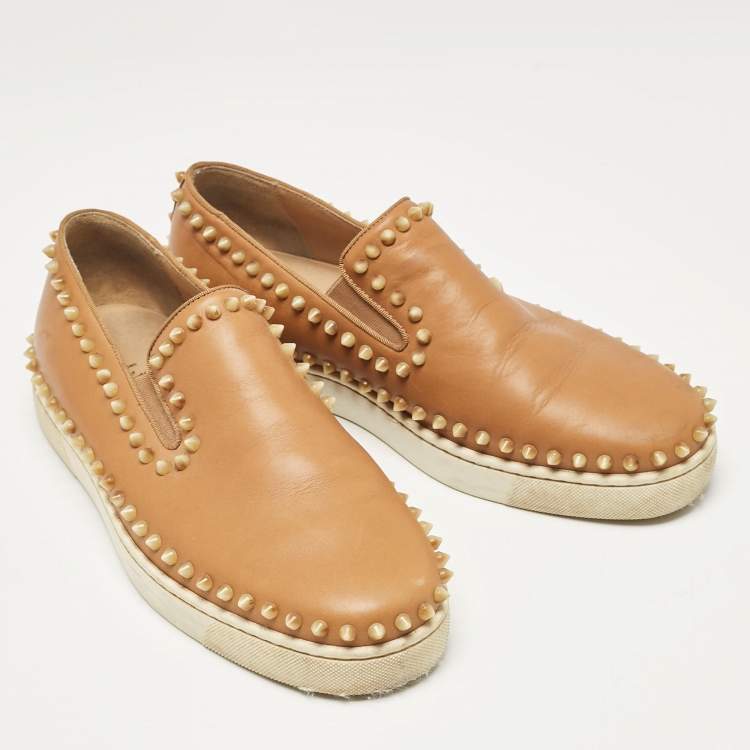 Pre Owned Christian Louboutin Brown Leather Pik Boat Slip On Sneakers Size 42