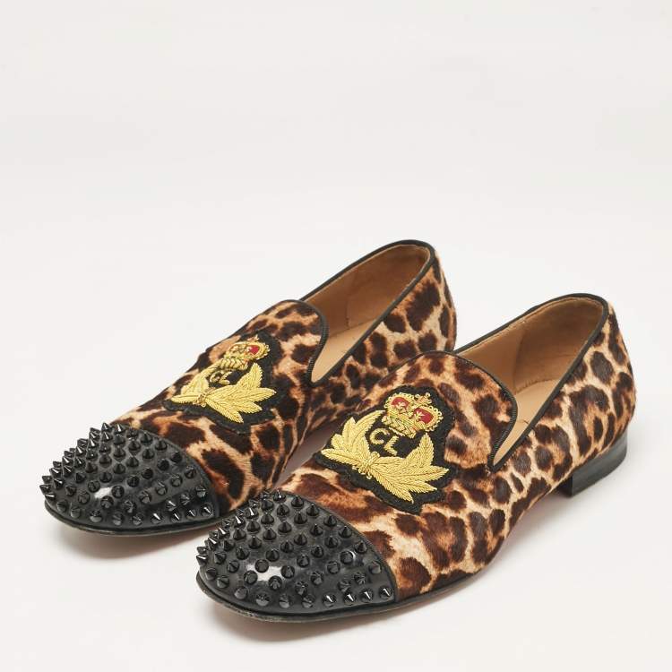 Pre Owned Christian Louboutin Brown/Black Calf Hair Patent Leather Loafers Size 41.5