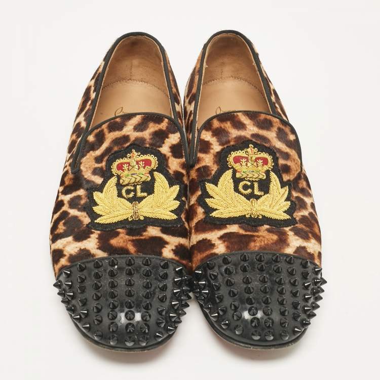 Pre Owned Christian Louboutin Brown/Black Calf Hair Patent Leather Loafers Size 41.5