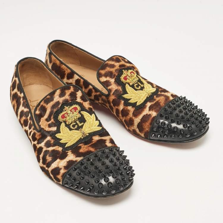 Pre Owned Christian Louboutin Brown/Black Calf Hair Patent Leather Loafers Size 41.5