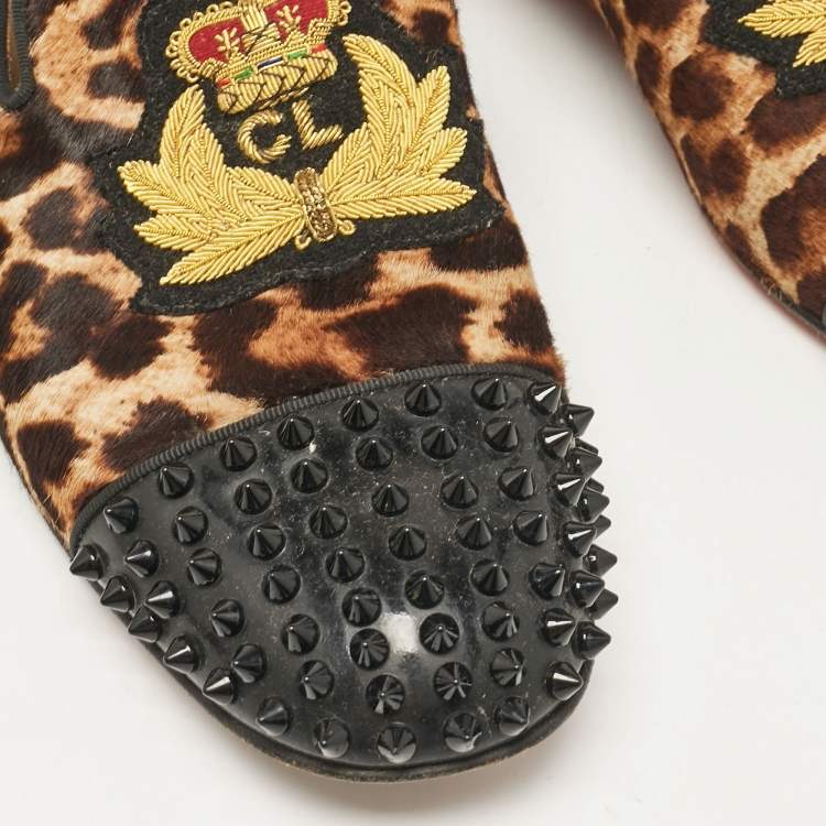 Pre Owned Christian Louboutin Brown/Black Calf Hair Patent Leather Loafers Size 41.5