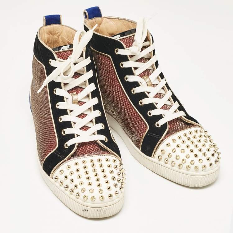 Pre Owned Christian Louboutin Multicolor Leather and Suede Lou Spikes High Top Sneakers Size 46