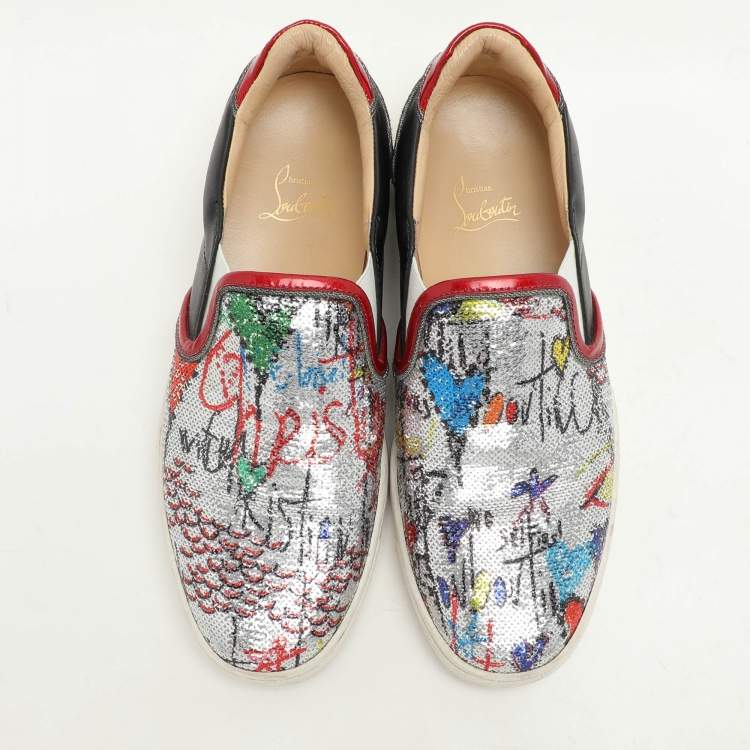 Pre Owned Christian Louboutin Multicolor Graffiti Sequins and Leather Slip On Sneakers Size 40