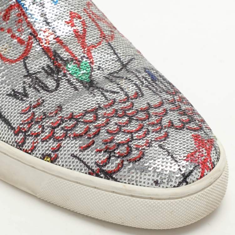 Pre Owned Christian Louboutin Multicolor Graffiti Sequins and Leather Slip On Sneakers Size 40
