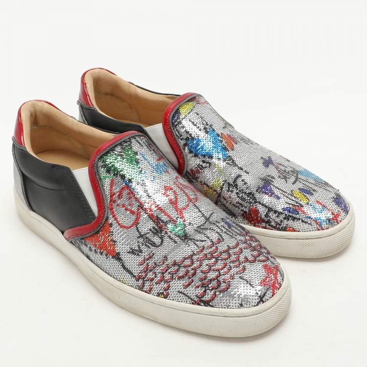Pre Owned Christian Louboutin Multicolor Graffiti Sequins and Leather Slip On Sneakers Size 40