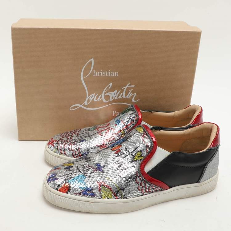 Pre Owned Christian Louboutin Multicolor Graffiti Sequins and Leather Slip On Sneakers Size 40