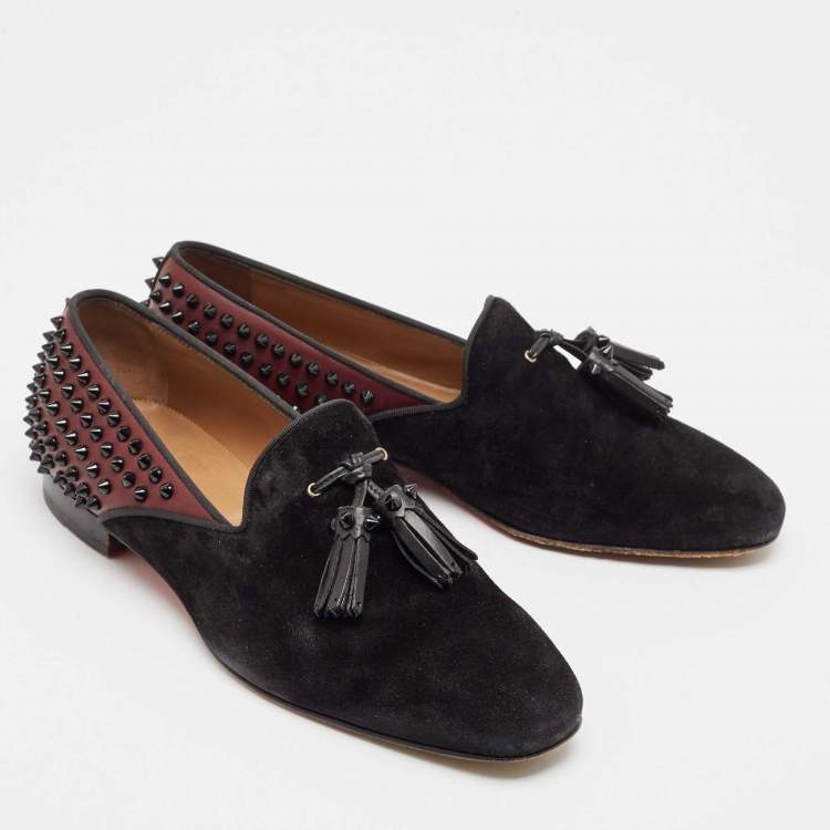 Pre Owned Christian Louboutin Black/Burgundy Suede and Leather Tassilo Loafers Size 43