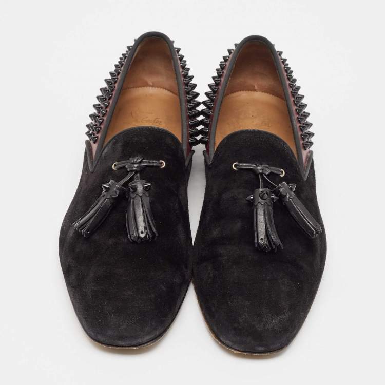 Pre Owned Christian Louboutin Black/Burgundy Suede and Leather Tassilo Loafers Size 43