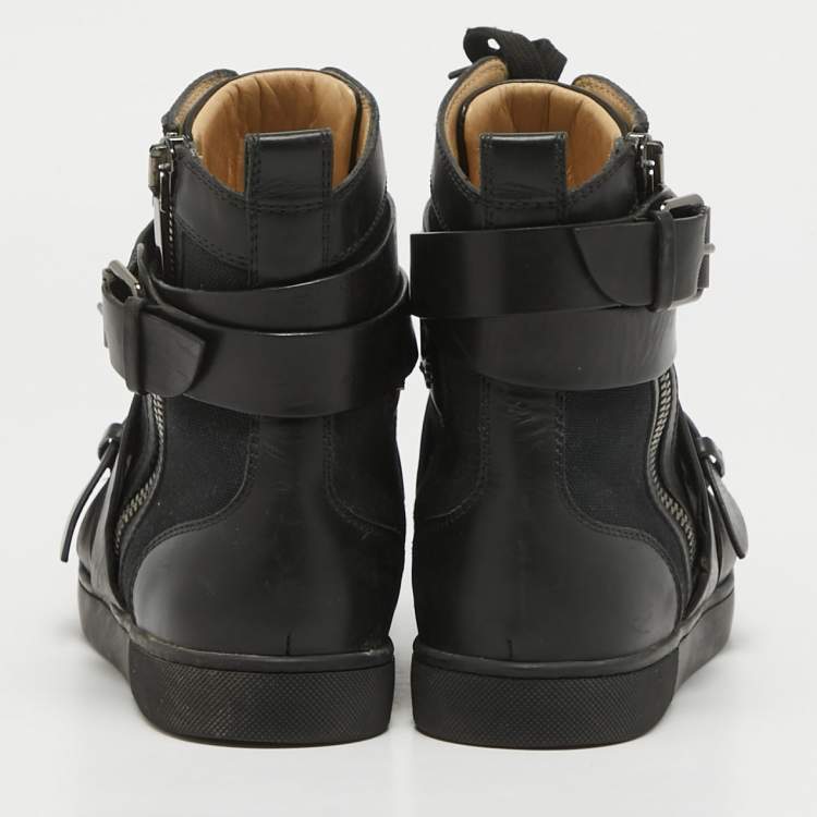 Pre Owned Christian Louboutin Black Canvas And Leather Snap Shoot Spikes Sneakers Size 40.5