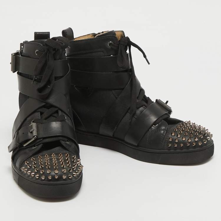 Pre Owned Christian Louboutin Black Canvas And Leather Snap Shoot Spikes Sneakers Size 40.5