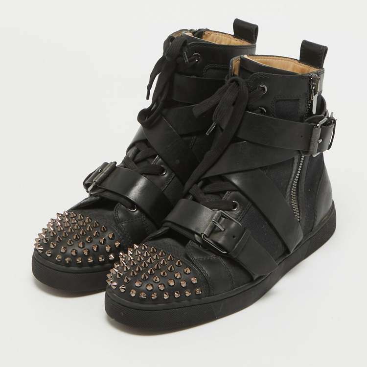 Pre Owned Christian Louboutin Black Canvas And Leather Snap Shoot Spikes Sneakers Size 40.5