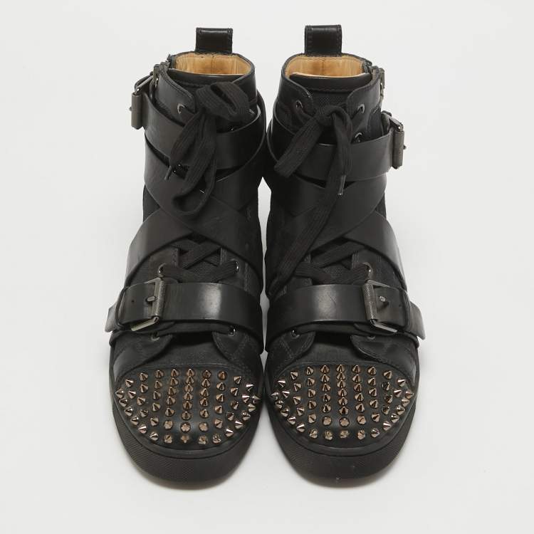 Pre Owned Christian Louboutin Black Canvas And Leather Snap Shoot Spikes Sneakers Size 40.5