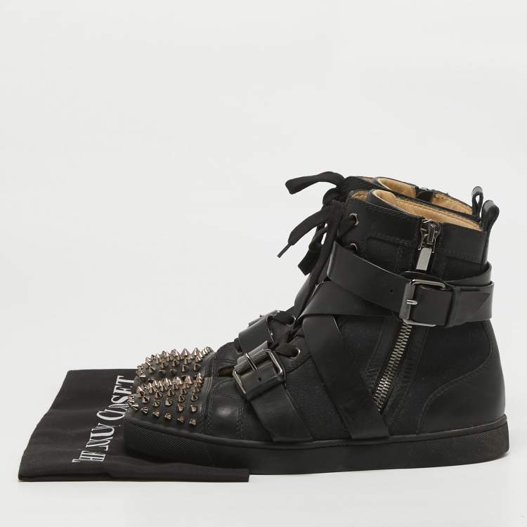 Pre Owned Christian Louboutin Black Canvas And Leather Snap Shoot Spikes Sneakers Size 40.5