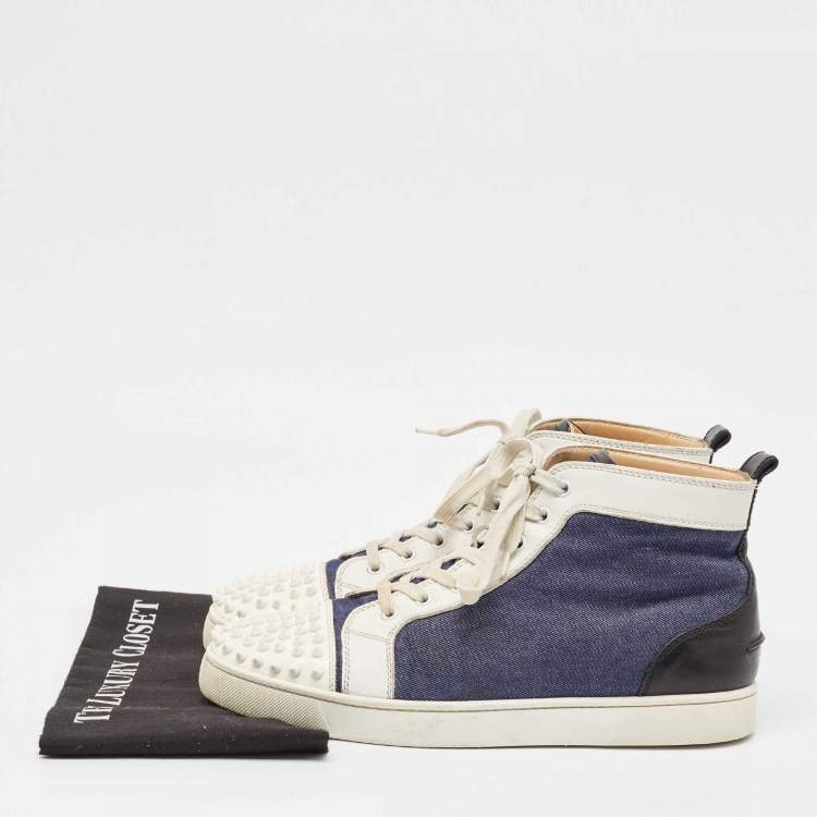 Pre Owned Christian Louboutin White/Blue Leather Lou Degra Spike High Top Sneakers Size 43.5