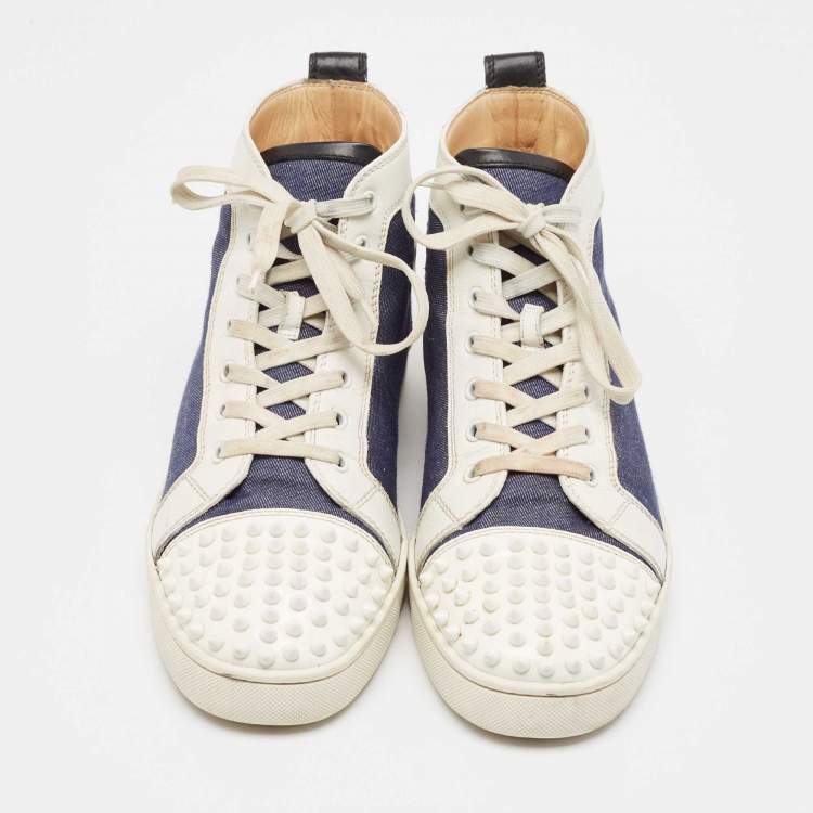 Pre Owned Christian Louboutin White/Blue Leather Lou Degra Spike High Top Sneakers Size 43.5