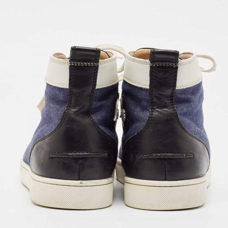 Pre Owned Christian Louboutin White/Blue Leather Lou Degra Spike High Top Sneakers Size 43.5