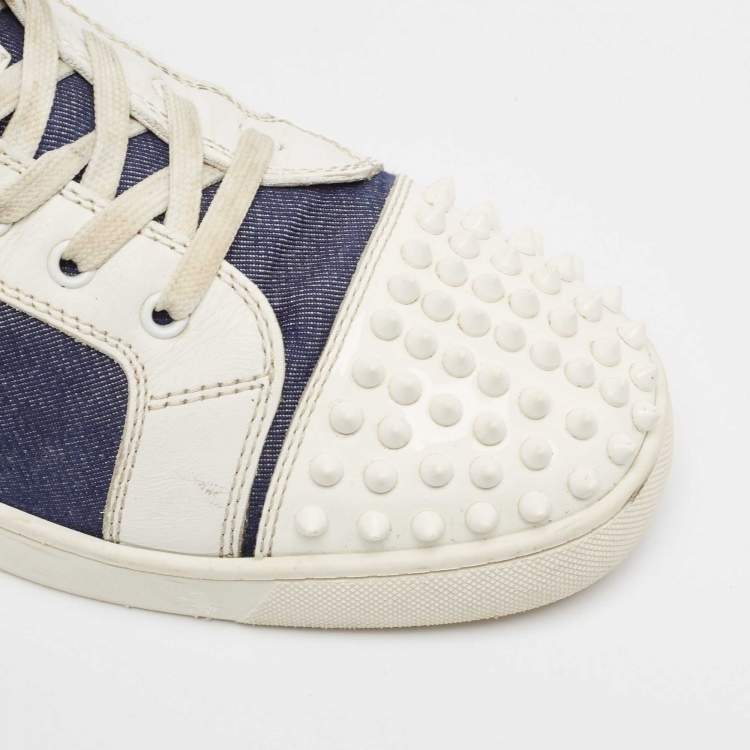 Pre Owned Christian Louboutin White/Blue Leather Lou Degra Spike High Top Sneakers Size 43.5