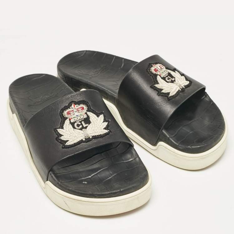Pre Owned Christian Louboutin Black Leather Beau Pool Slide Sandals Size 41.5