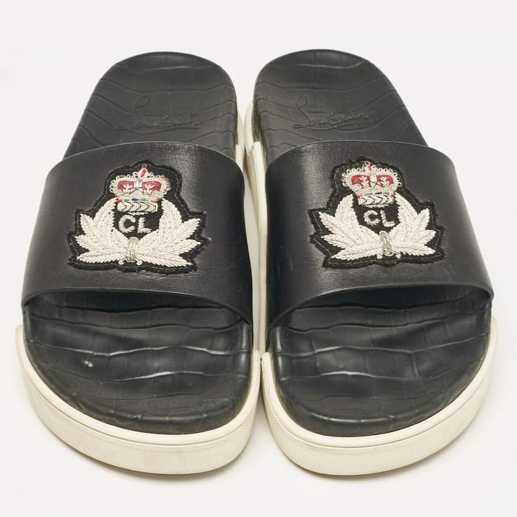 Pre Owned Christian Louboutin Black Leather Beau Pool Slide Sandals Size 41.5