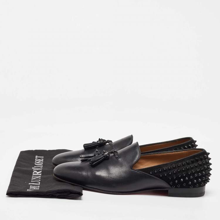 Pre Owned Christian Louboutin Black Leather and Suede Spikes Smoking Slippers Size 44.5