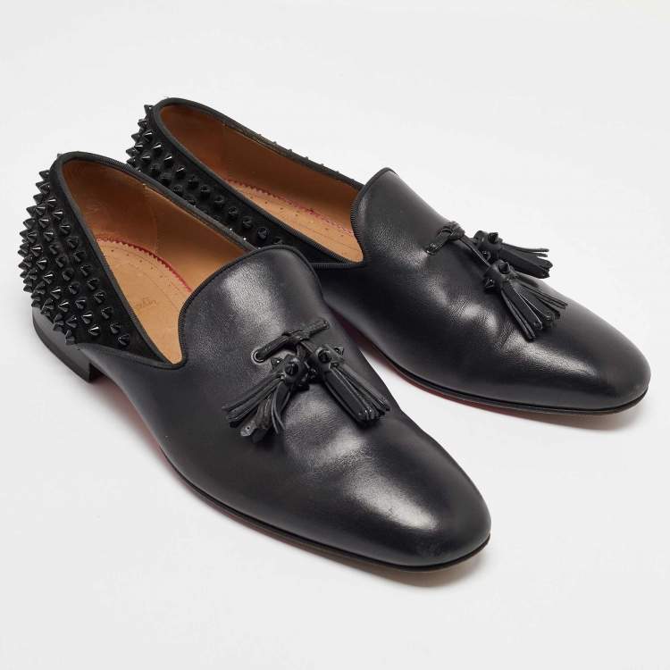 Pre Owned Christian Louboutin Black Leather and Suede Spikes Smoking Slippers Size 44.5