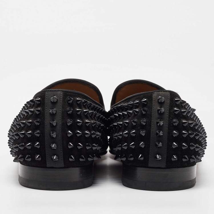Pre Owned Christian Louboutin Black Leather and Suede Spikes Smoking Slippers Size 44.5