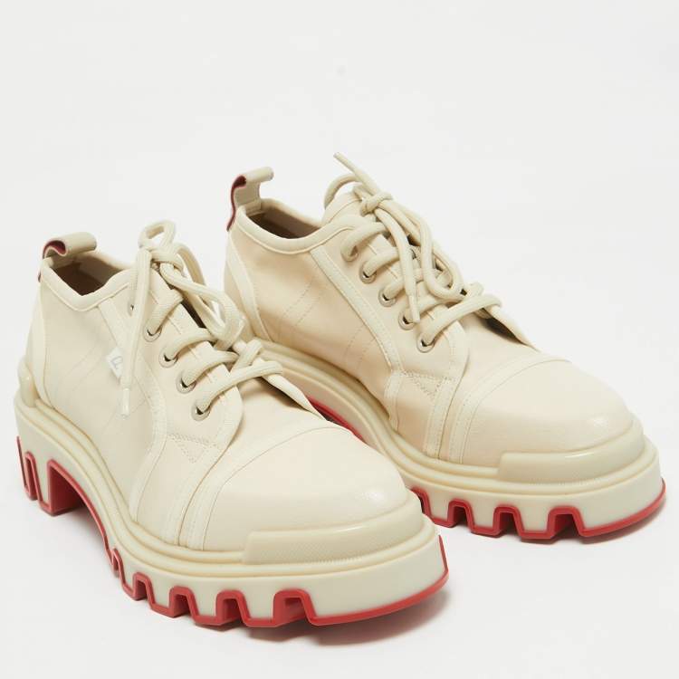 Pre Owned Christian Louboutin Cream Canvas Panamic Lace Up Sneakers Size 42