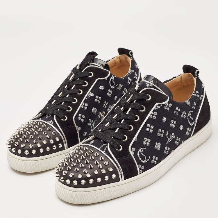 Pre Owned Christian Louboutin Black Loubi in the Sky Jacquard and Suede Spikes Orlato Sneakers Size 42