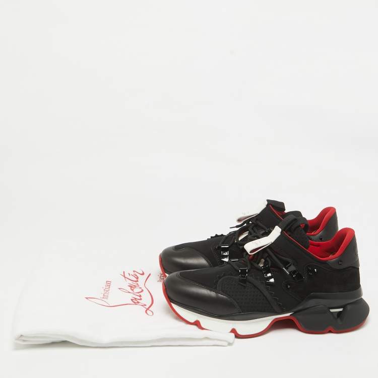 Pre Owned Christian Louboutin Black Neoprene and Leather Red Runner Sneakers Size 43
