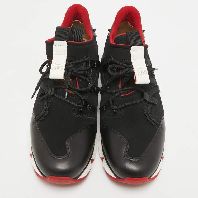 Pre Owned Christian Louboutin Black Neoprene and Leather Red Runner Sneakers Size 43