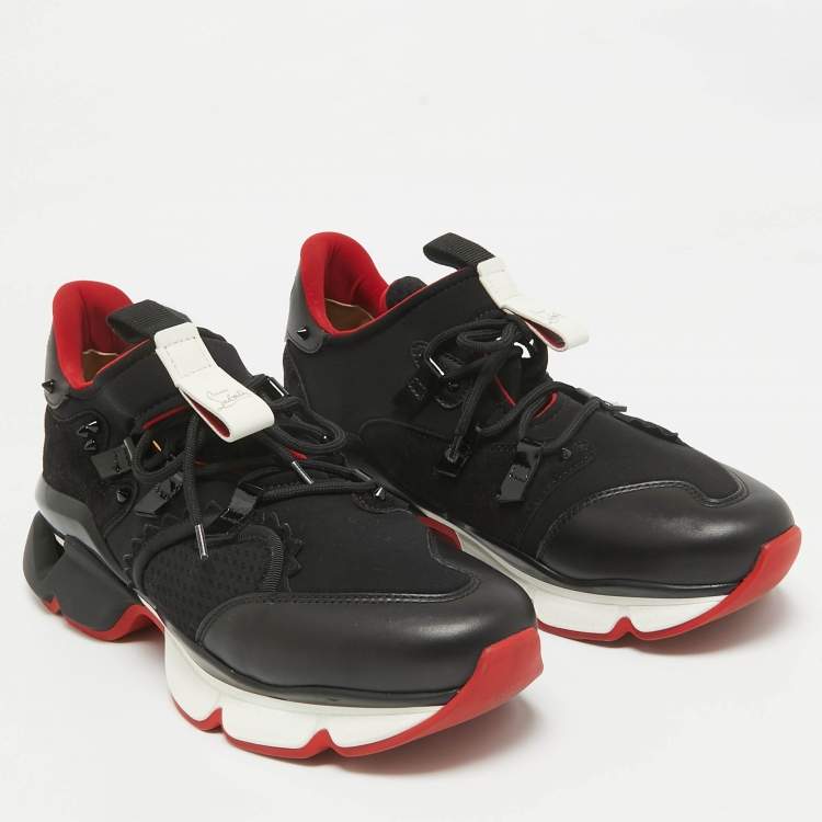 Pre Owned Christian Louboutin Black Neoprene and Leather Red Runner Sneakers Size 43