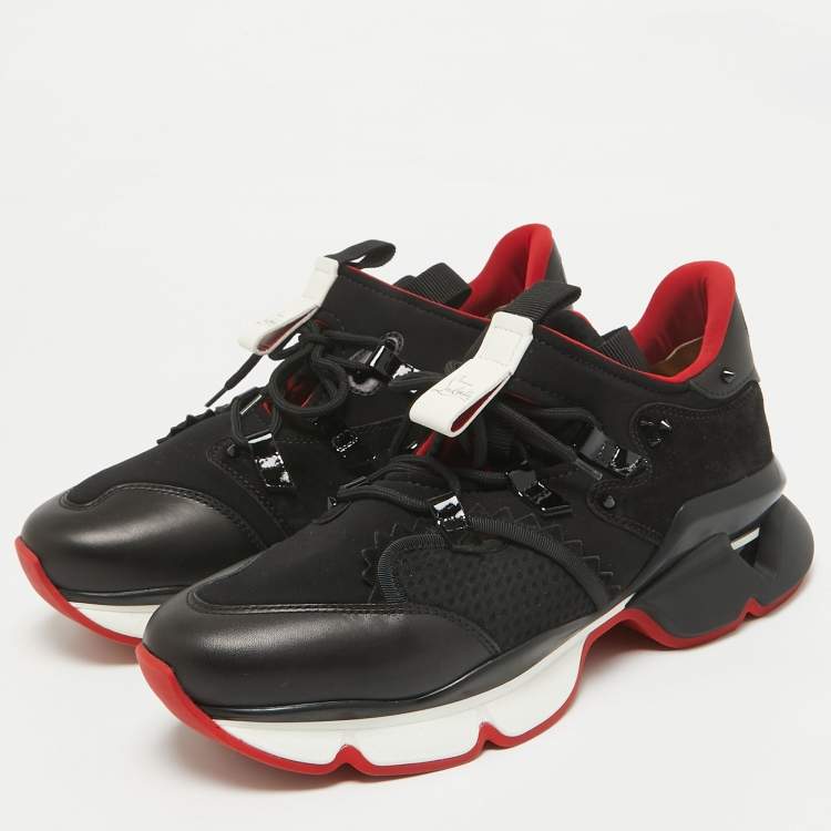 Pre Owned Christian Louboutin Black Neoprene and Leather Red Runner Sneakers Size 43
