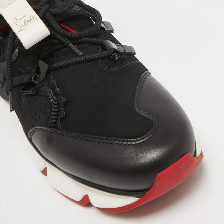 Pre Owned Christian Louboutin Black Neoprene and Leather Red Runner Sneakers Size 43