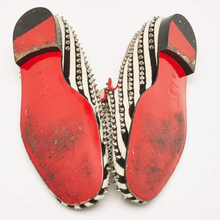 Pre Owned Christian Louboutin Black/White Calf Hair Rollerboy Spiked Loafers Size 42
