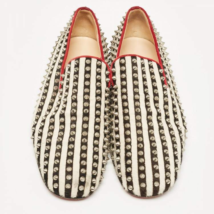 Pre Owned Christian Louboutin Black/White Calf Hair Rollerboy Spiked Loafers Size 42