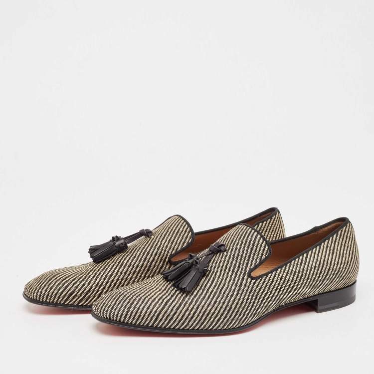 Pre Owned Christian Louboutin Black/Beige Woven Raffia Dandelion Tassel Slip On Loafers Size 42