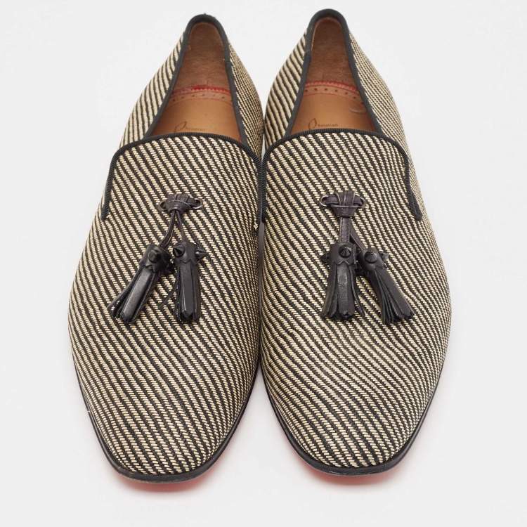 Pre Owned Christian Louboutin Black/Beige Woven Raffia Dandelion Tassel Slip On Loafers Size 42