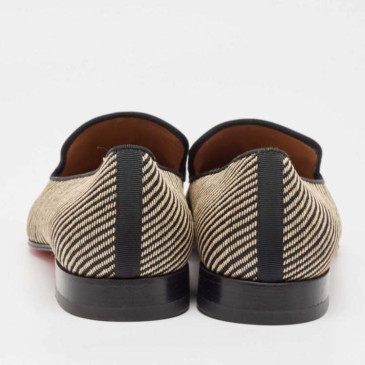 Pre Owned Christian Louboutin Black/Beige Woven Raffia Dandelion Tassel Slip On Loafers Size 42