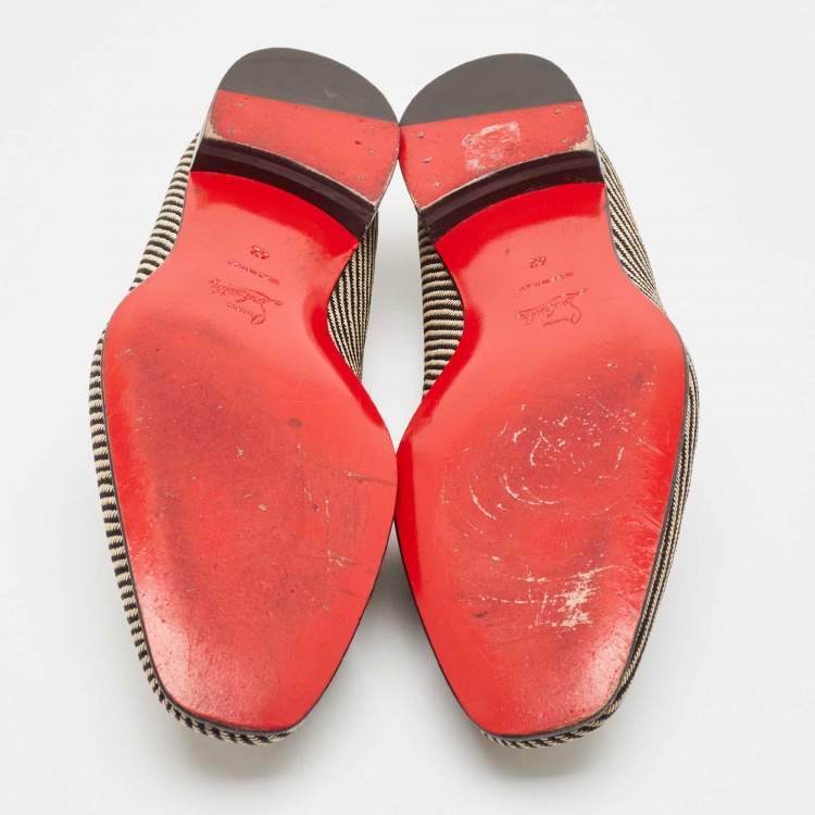 Pre Owned Christian Louboutin Black/Beige Woven Raffia Dandelion Tassel Slip On Loafers Size 42