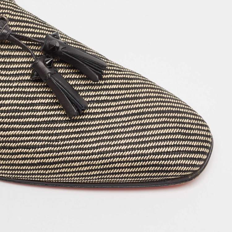 Pre Owned Christian Louboutin Black/Beige Woven Raffia Dandelion Tassel Slip On Loafers Size 42