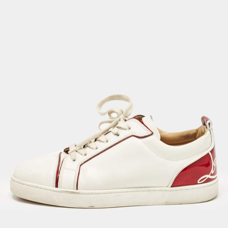 Pre Owned Christian Louboutin White/Red Leather Louis Junior Lace Up Sneakers Size 44
