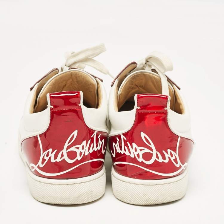 Pre Owned Christian Louboutin White/Red Leather Louis Junior Lace Up Sneakers Size 44