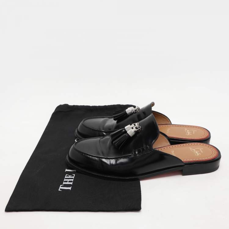 Pre Owned Christian Louboutin Black Patent Leather Mules Flat Sandals Size 45