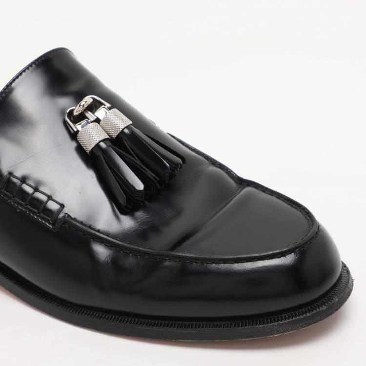 Pre Owned Christian Louboutin Black Patent Leather Mules Flat Sandals Size 45