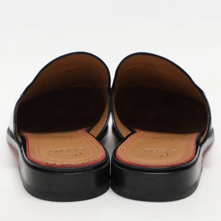 Pre Owned Christian Louboutin Black Patent Leather Mules Flat Sandals Size 45