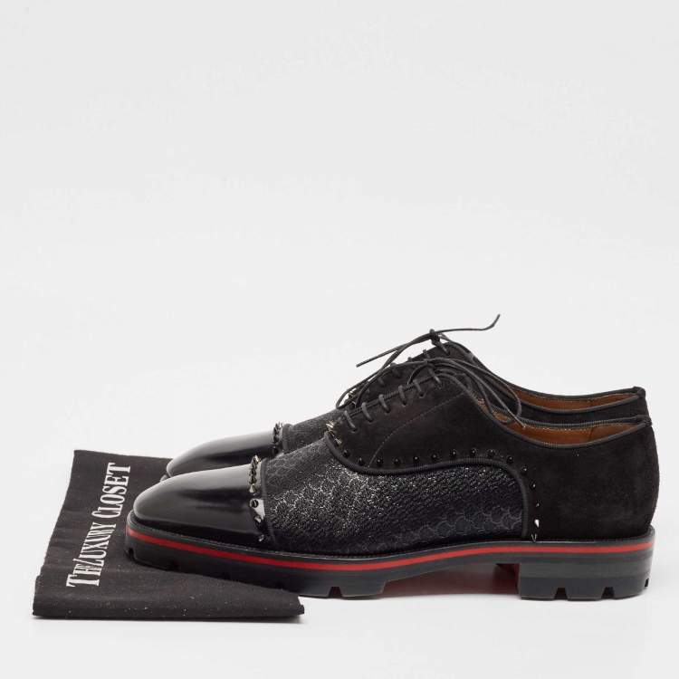 Pre Owned Christian Louboutin Black Leather and Suede Spikes Champignac Oxfords Size 42.5