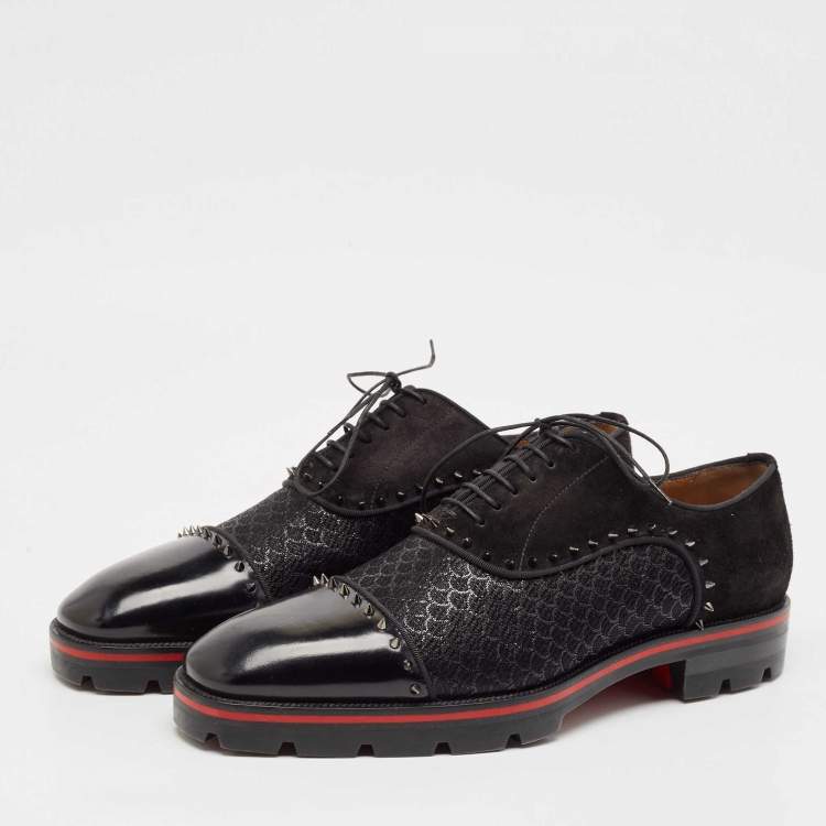 Pre Owned Christian Louboutin Black Leather and Suede Spikes Champignac Oxfords Size 42.5