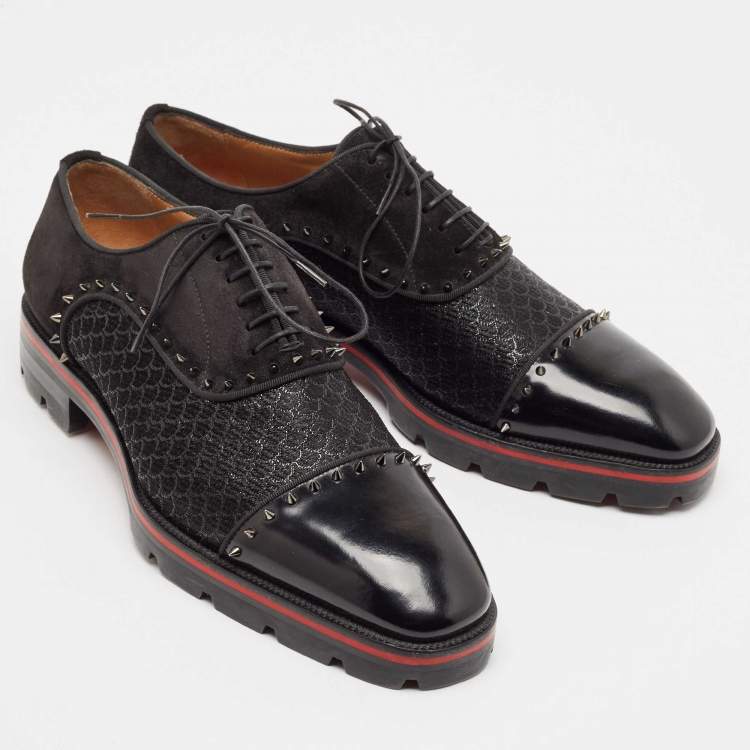 Pre Owned Christian Louboutin Black Leather and Suede Spikes Champignac Oxfords Size 42.5